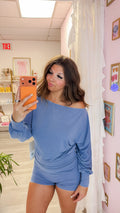 Dusty Blue Soft Knit Off Shoulder Slouchy Top