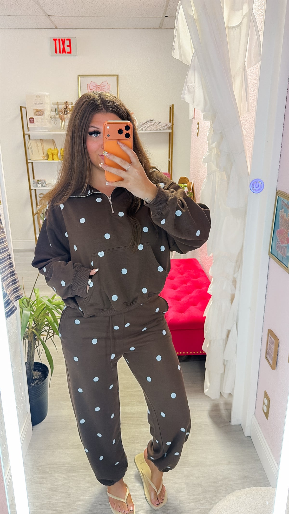 Mallory Polka Dot Sweat Set - Brown/Blue