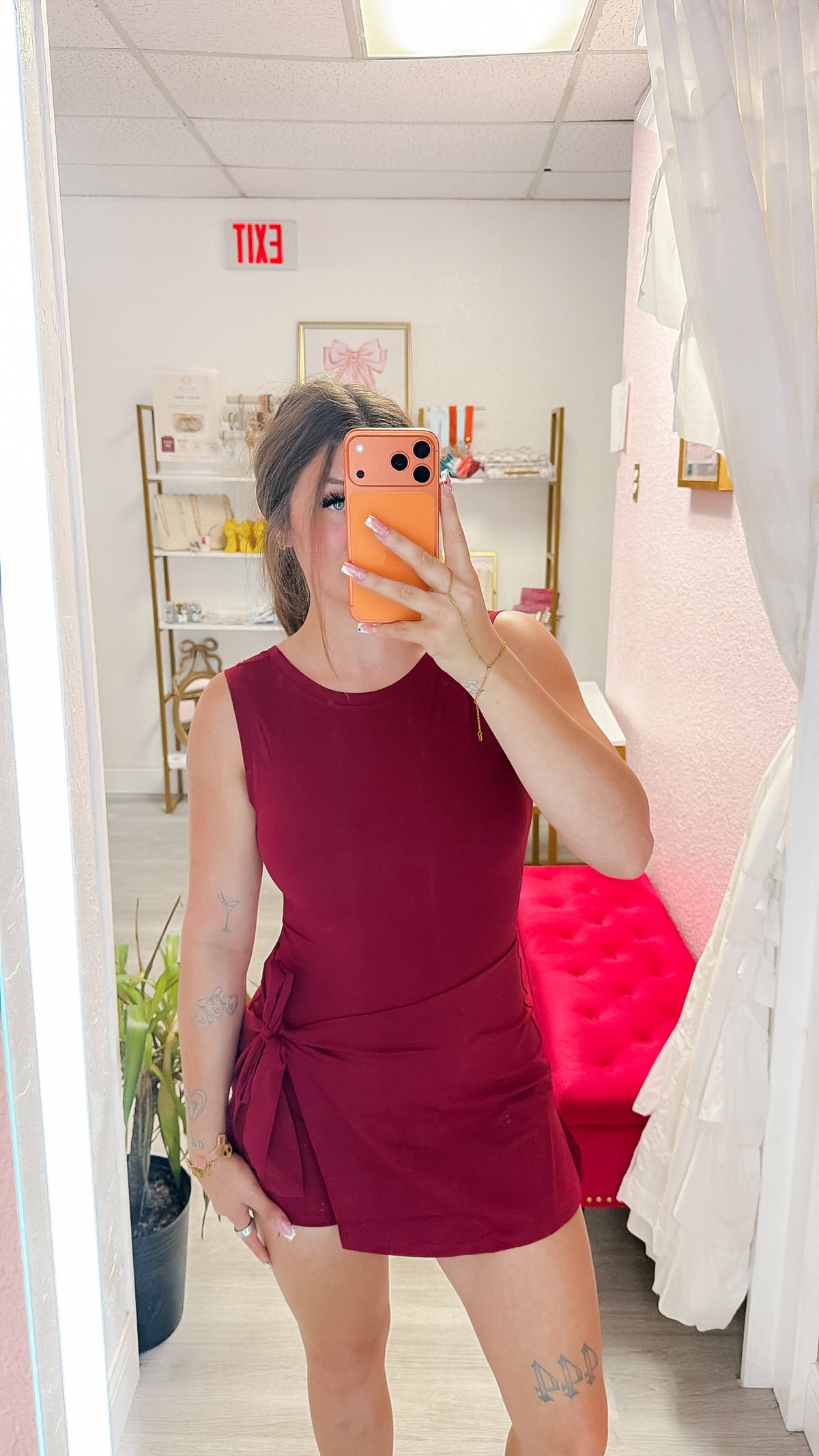Dark Cherry Sleeveless Wrap Tie Front Dress