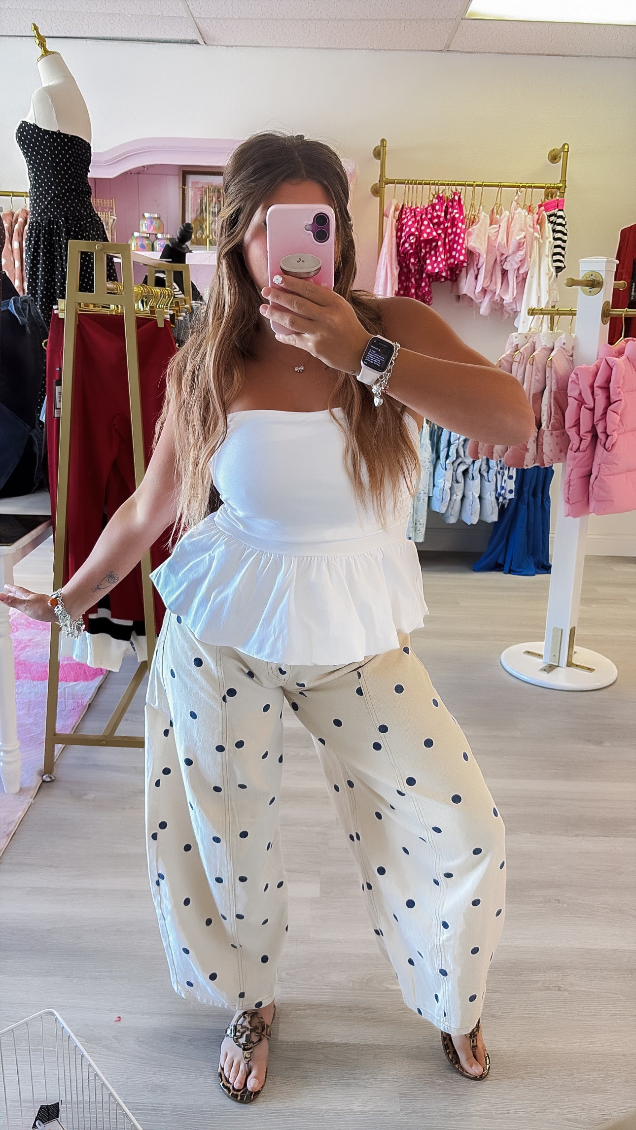 Polka Dot Printed Wide Denim Pants