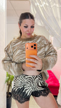 Lelani Zebra Print Lace Trim Shorts - Brown