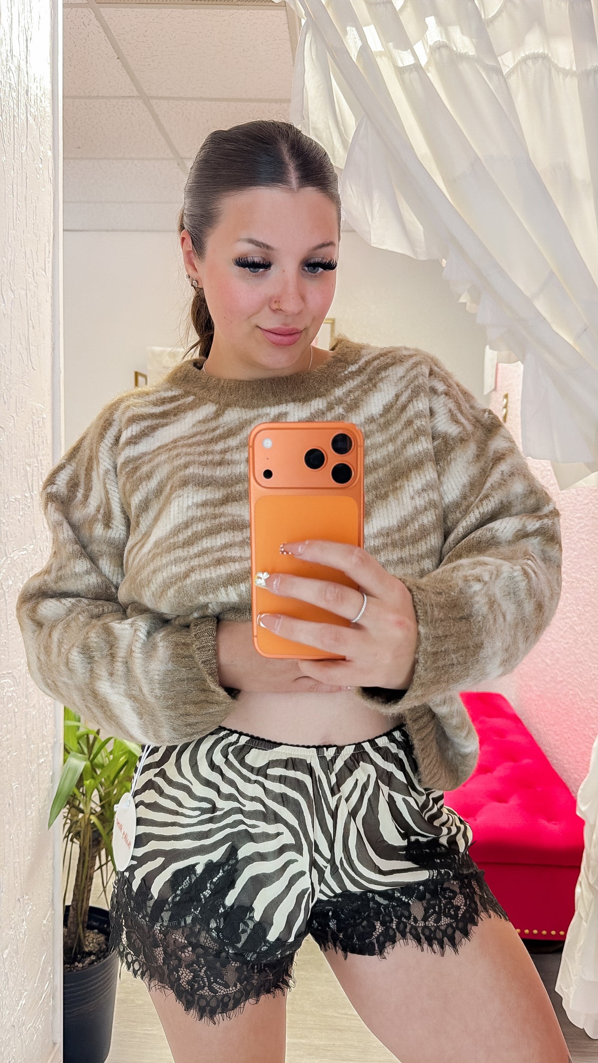 Lelani Zebra Print Lace Trim Shorts - Brown