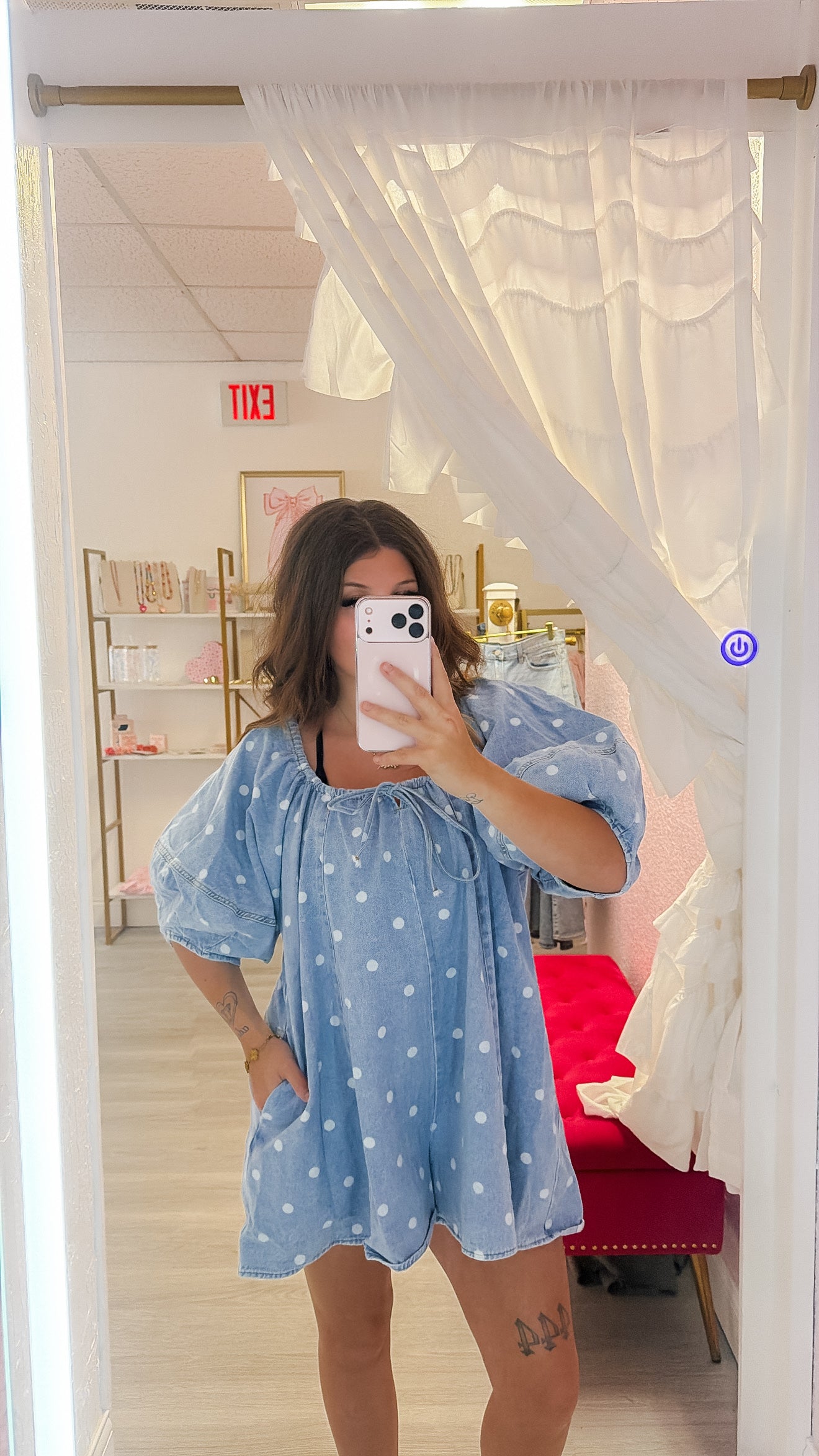 Washed Polka Dot Twill Denim Bubble Sleeve Romper