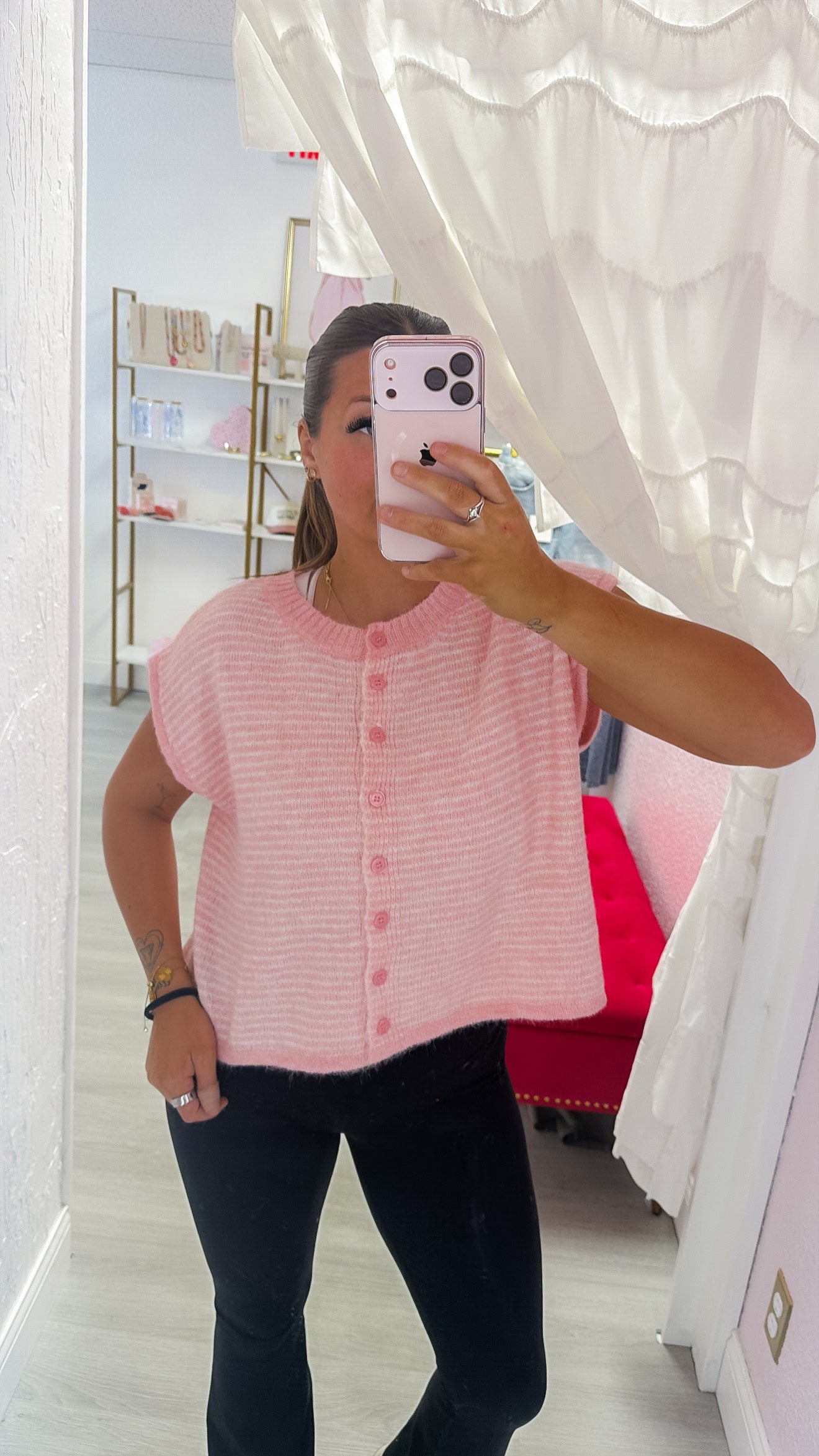 Pin-Striped Fuzzy Button-Front Knit Top - Pink