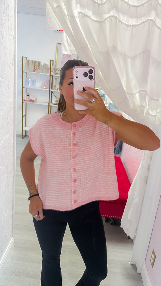 Pin-Striped Fuzzy Button-Front Knit Top - Pink