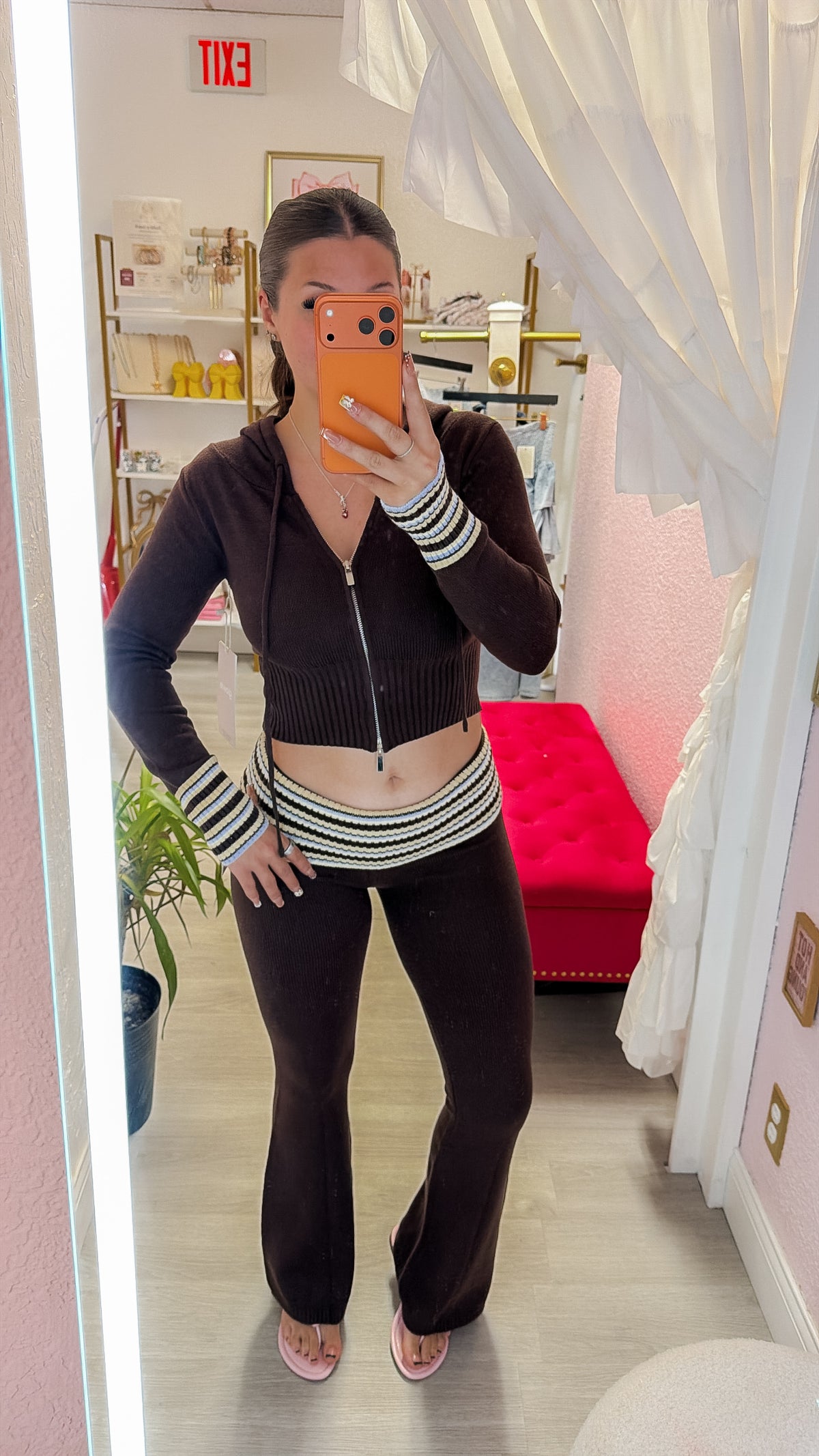 Olivia Striped Foldover Flare Knit Sweater Pants