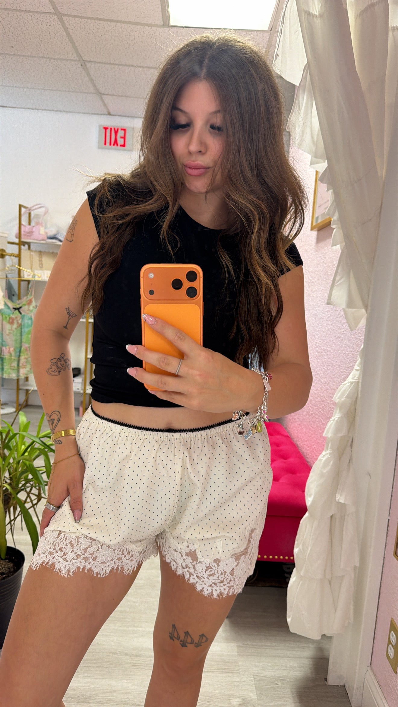 Polka Dot Print Lace Trim Shorts