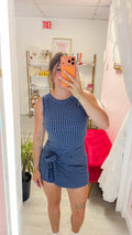 Dusty Blue Gingham Print Sleeveless Wrap Tie Front Dress