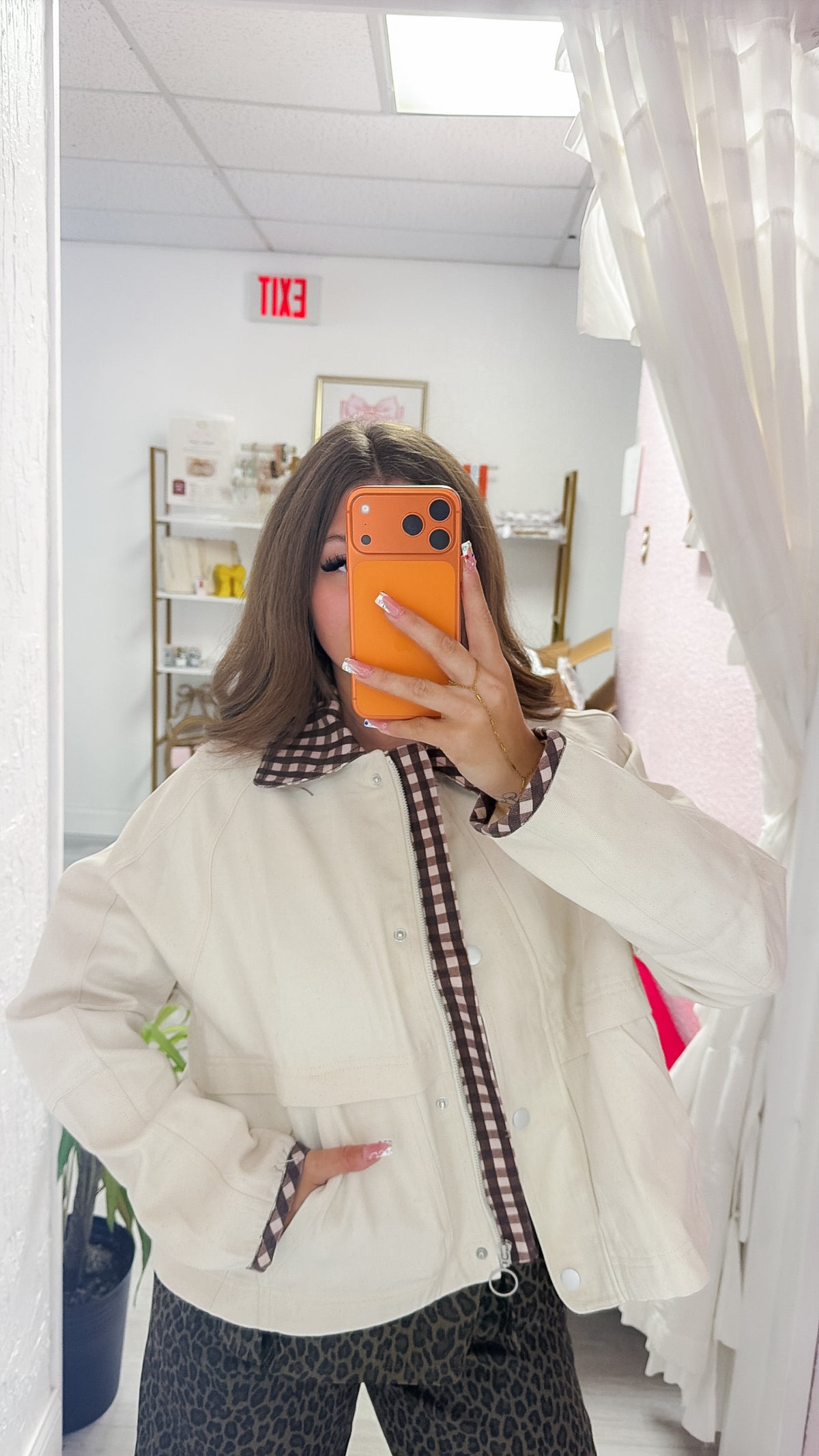 Kendall Cropped Workwear Jacket with Checkered Contrast