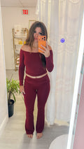Dark Cherry Soft Knit Foldover Flare Pants
