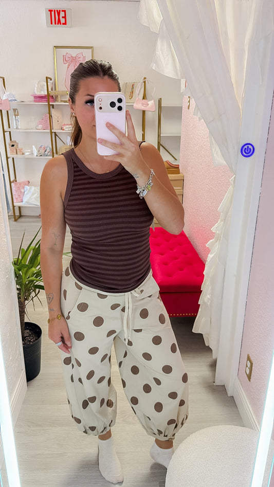 Polka Dot Printed French Terry Balloon Pants - Brown