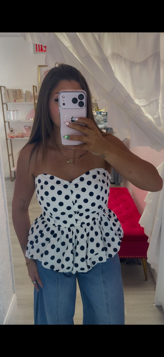 Strapless Polkadots Peplum Bubble Hem Top