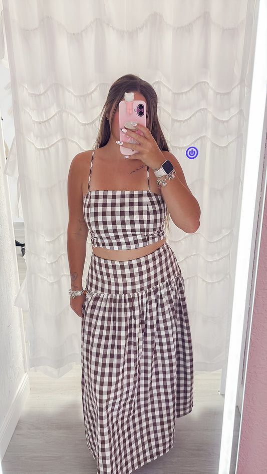 Brown Gingham Maxi Skirt