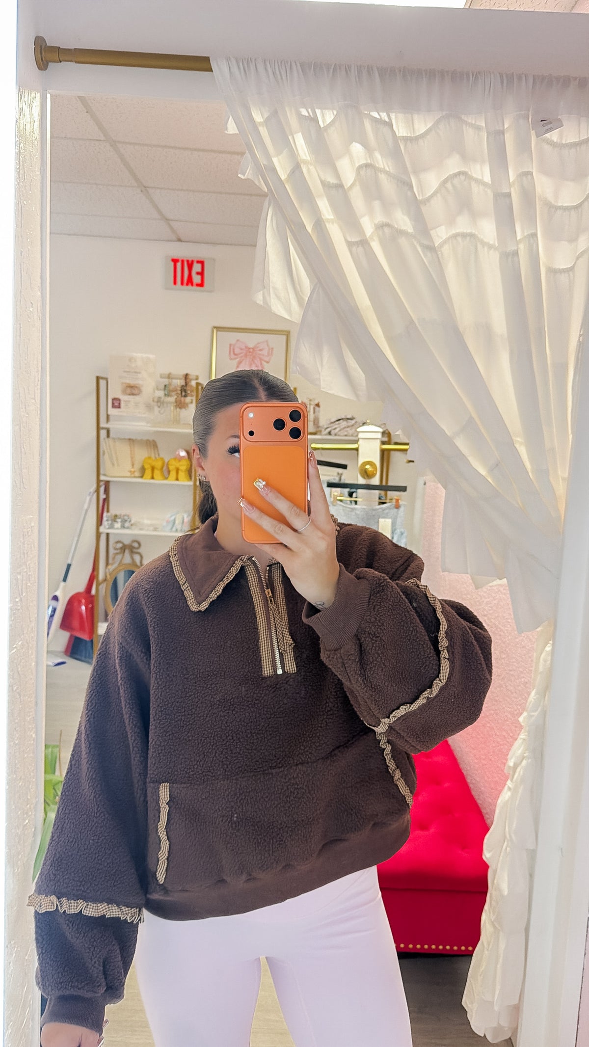 Amelia Gingham And Fleece Collared Quarter Zip Pullover