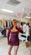 Long Sleeve Sweetheart Dress - Burgundy