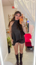 Brown Satin Asymmetrical Halter Neck Top