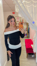 Polka Dot Soft Knit Foldover Off Shoulder Long Sleeve Top