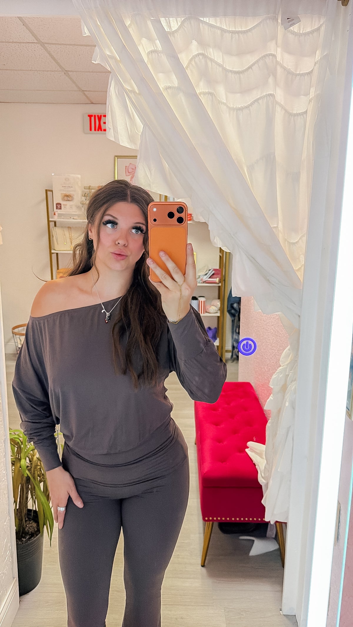 Chocolate Soft Knit Off Shoulder Slouchy Top