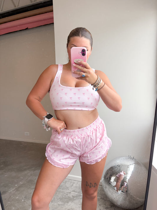 Ruffle Trim Bow Print Active Shorts