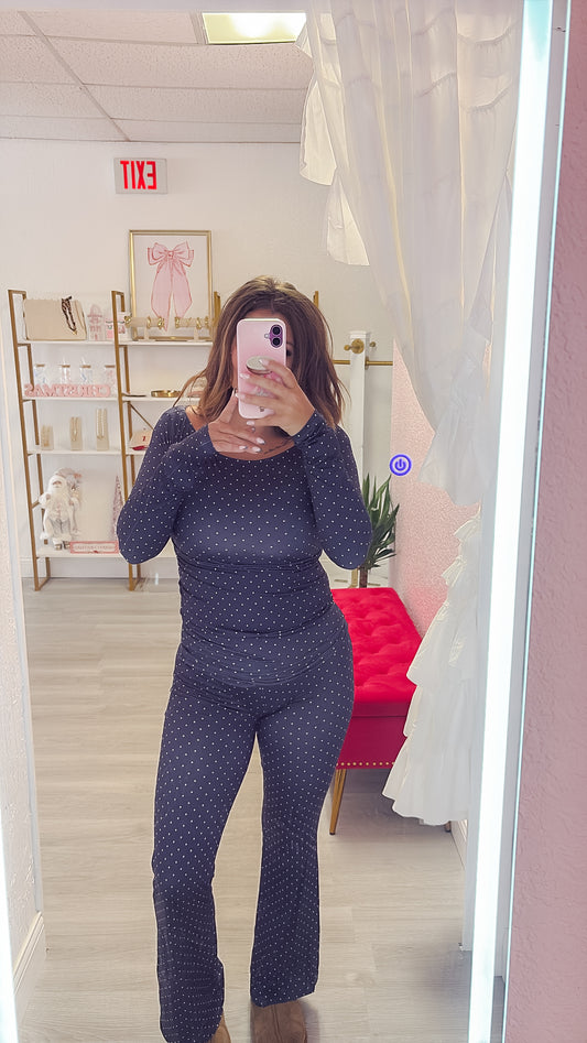 Navy Polka Dot Fold Over Pants