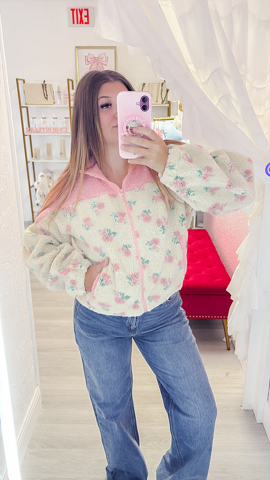 Floral Sherpa Zip Up Jacket