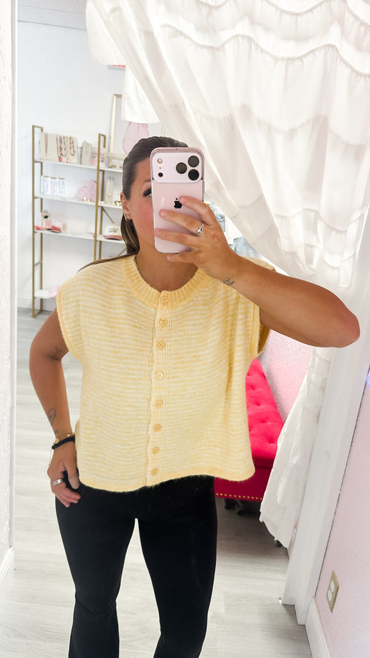 Pin-Striped Fuzzy Button-Front Knit Top - Yellow