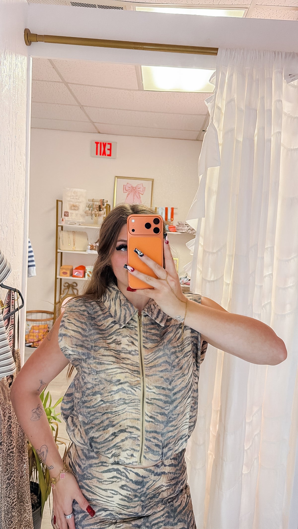 Sleeveless Tiger Print Denim Zip-up Crop Vest Top