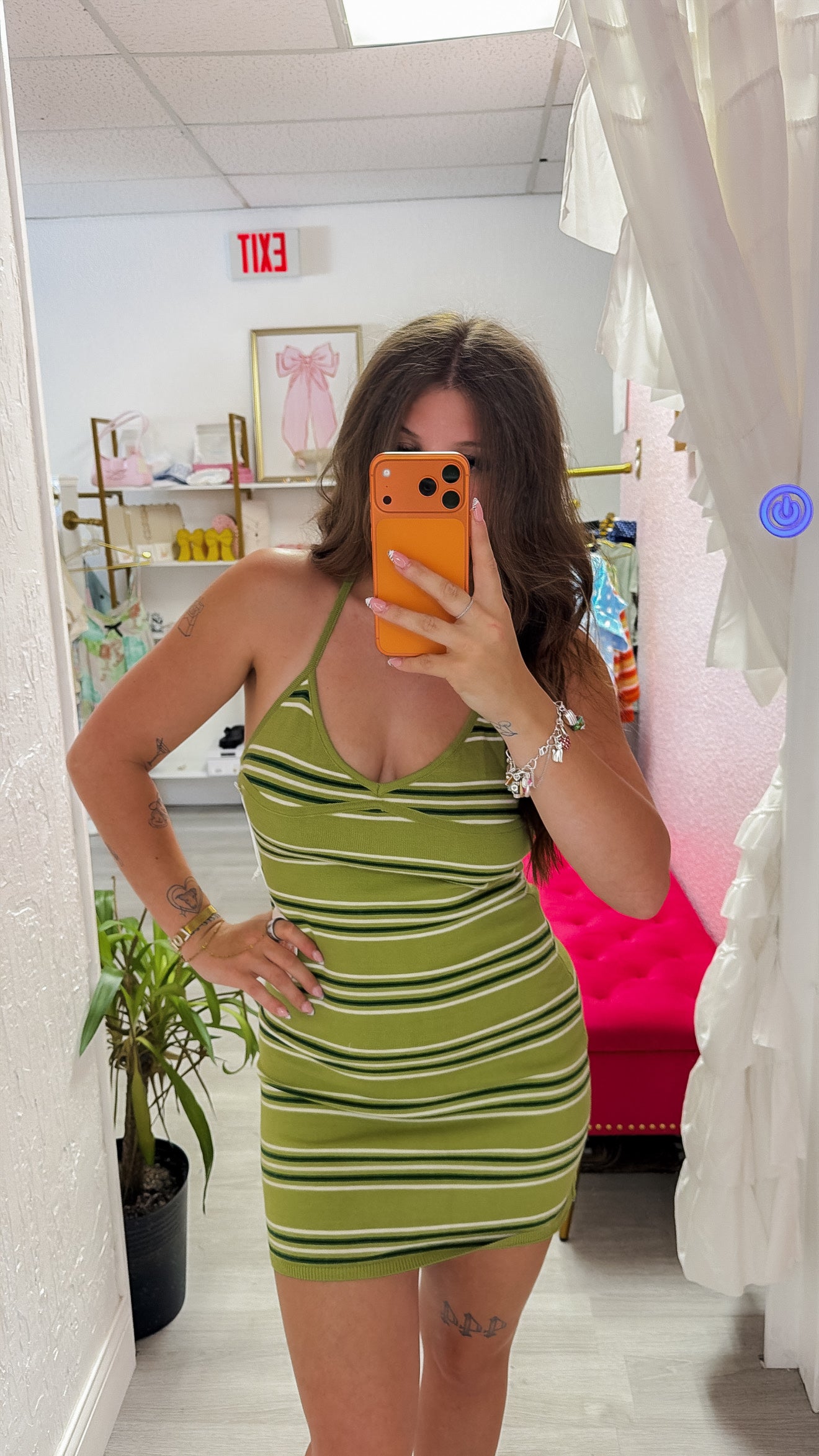 Lime Striped Halter Knit Mini Dress
