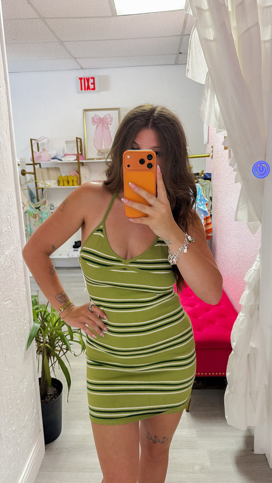 Lime Striped Halter Knit Mini Dress