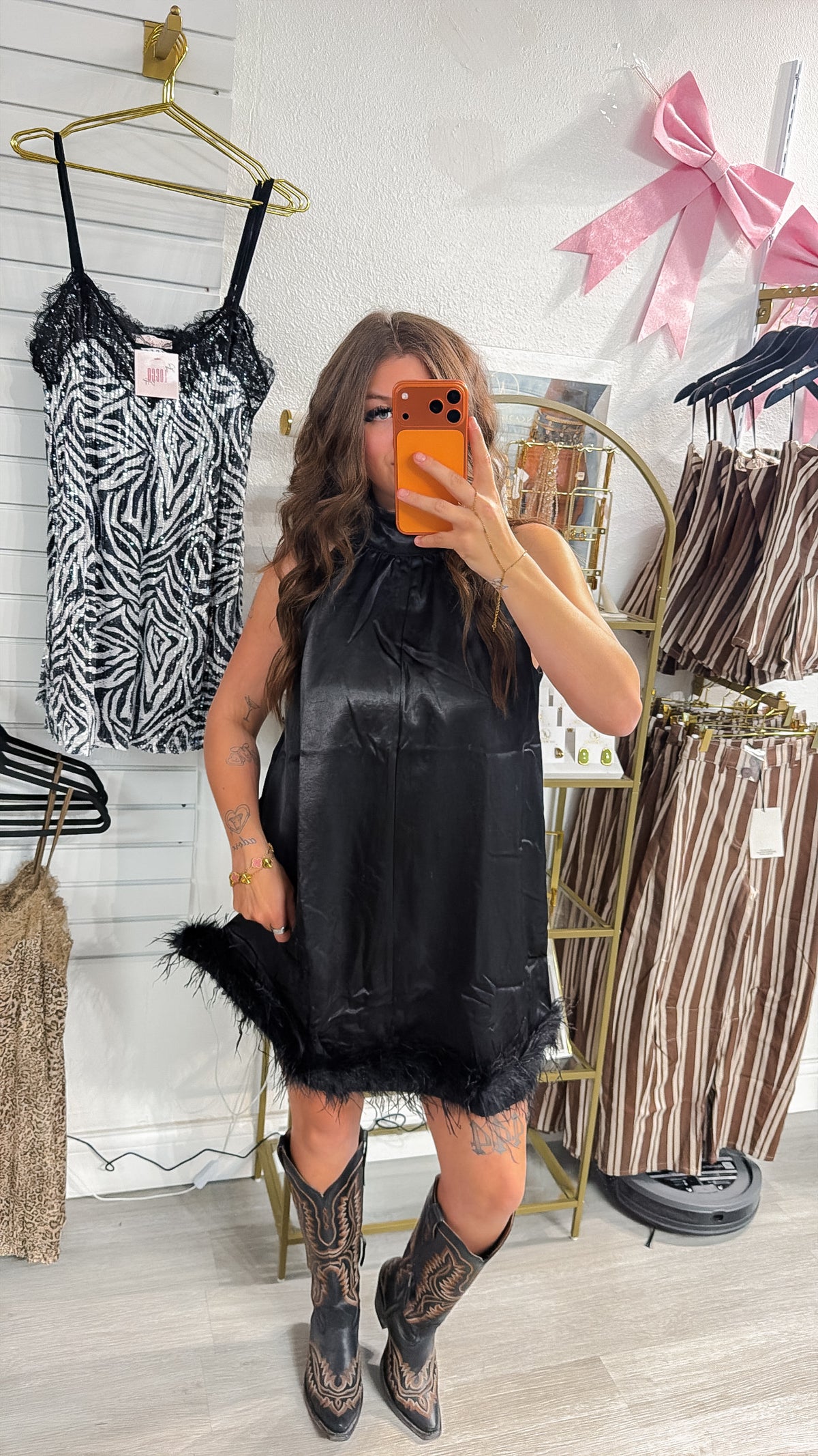 Kaitlyn Feather Trim Halter Mini Dress