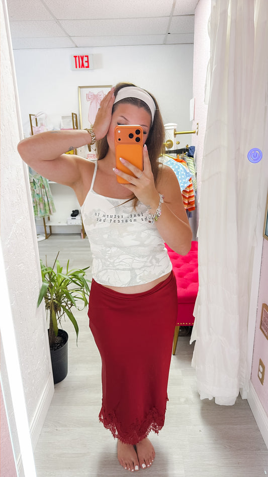 Crimson Lace Trim Midi Skirt
