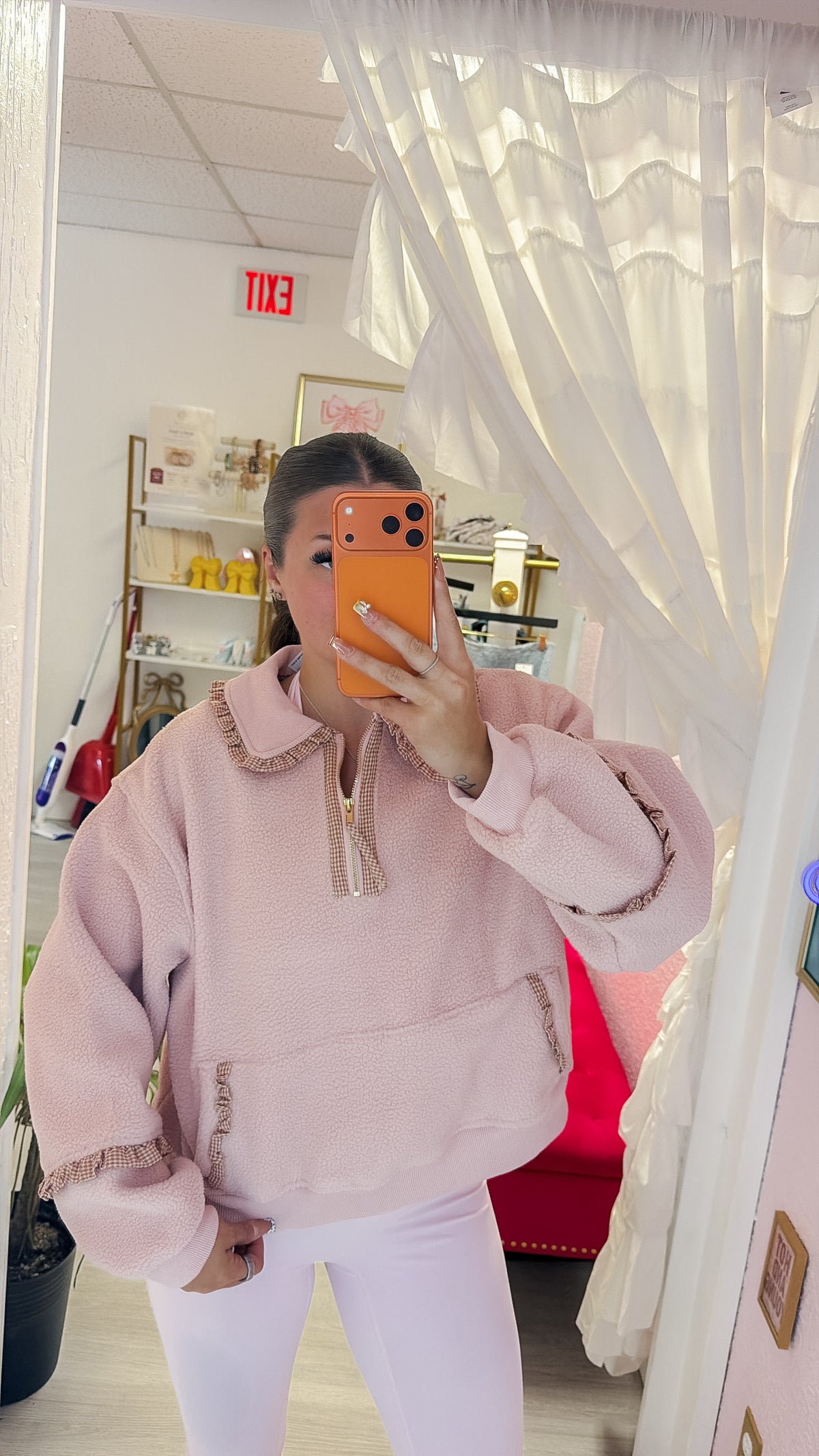 Amelia Gingham And Fleece Collared Quarter Zip Pullover - Dusty Pink