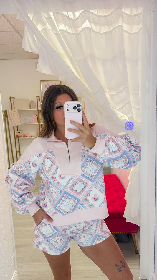Pastel Patchwork Quilted Half-zip Top & Shorts Set