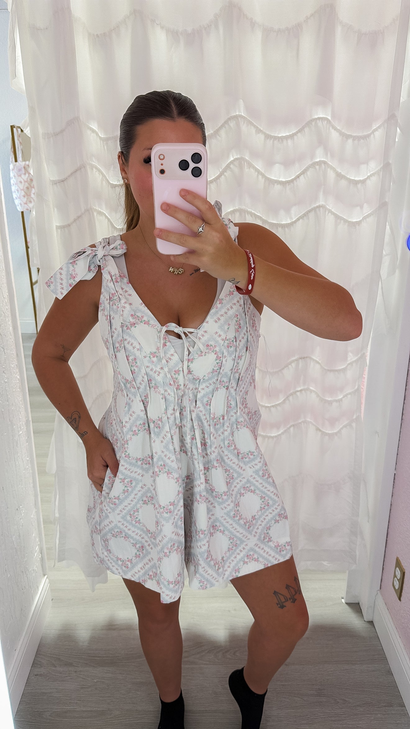 Floral Embroidered Denim Romper With Bow Pink Floral