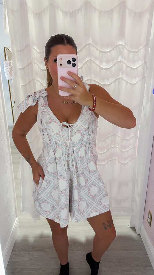 Floral Embroidered Denim Romper With Bow Pink Floral