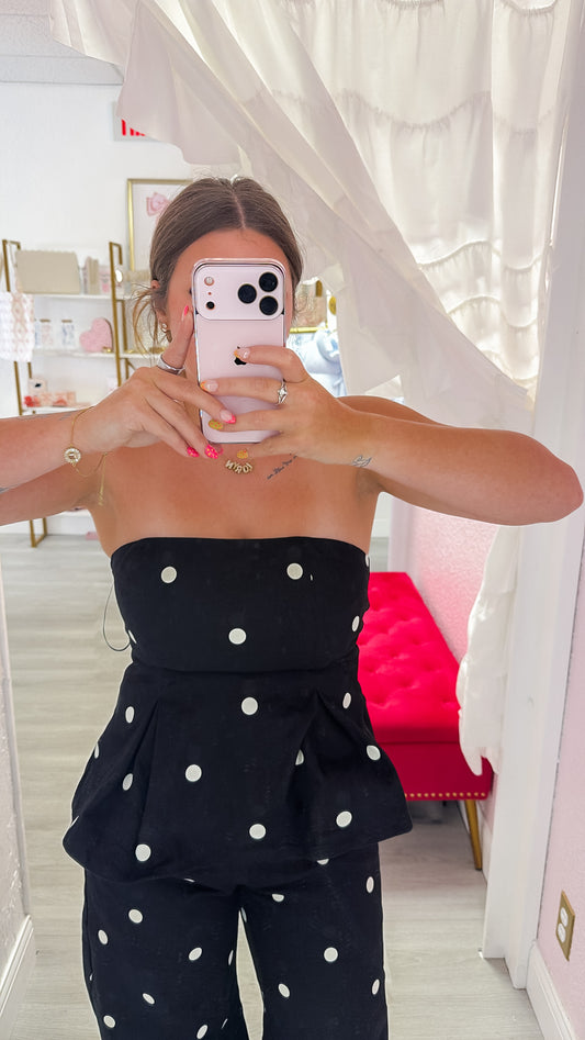 Polkadot Strapless Peplum Top - Black