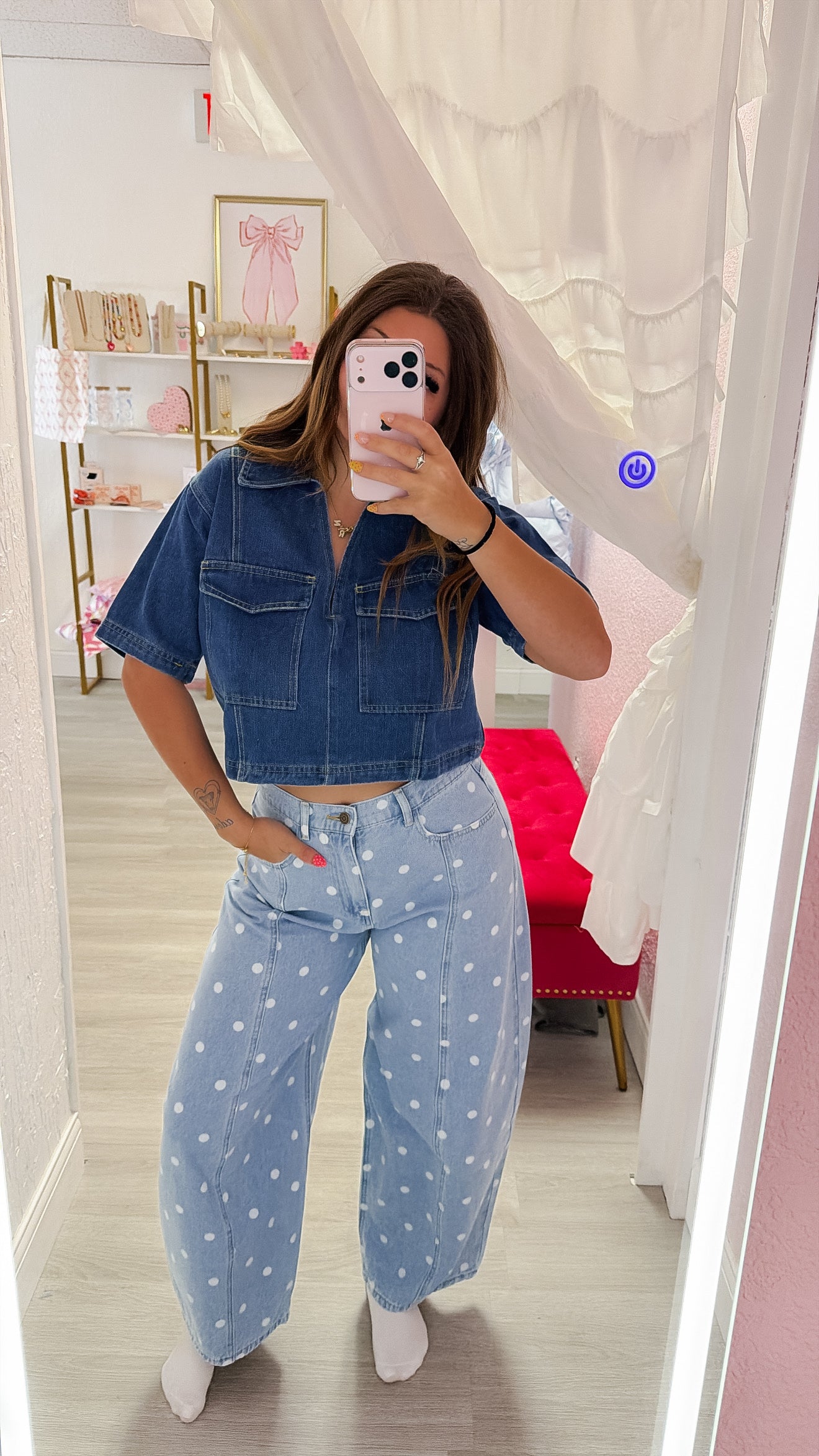 Washed Denim Polka Dot Printed Wide Barrel Pants