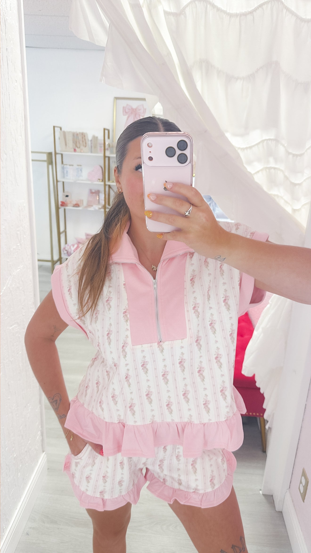 Floral Zip-up Peplum Top & Ruffle Shorts Set