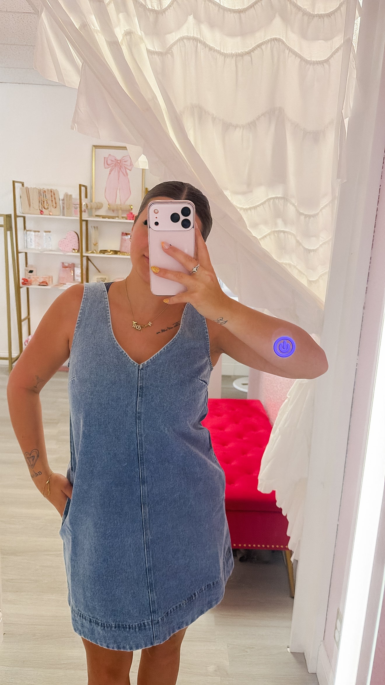 Washed Denim V Neck Sleeveless Mini Dress