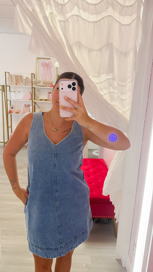 Washed Denim V Neck Sleeveless Mini Dress