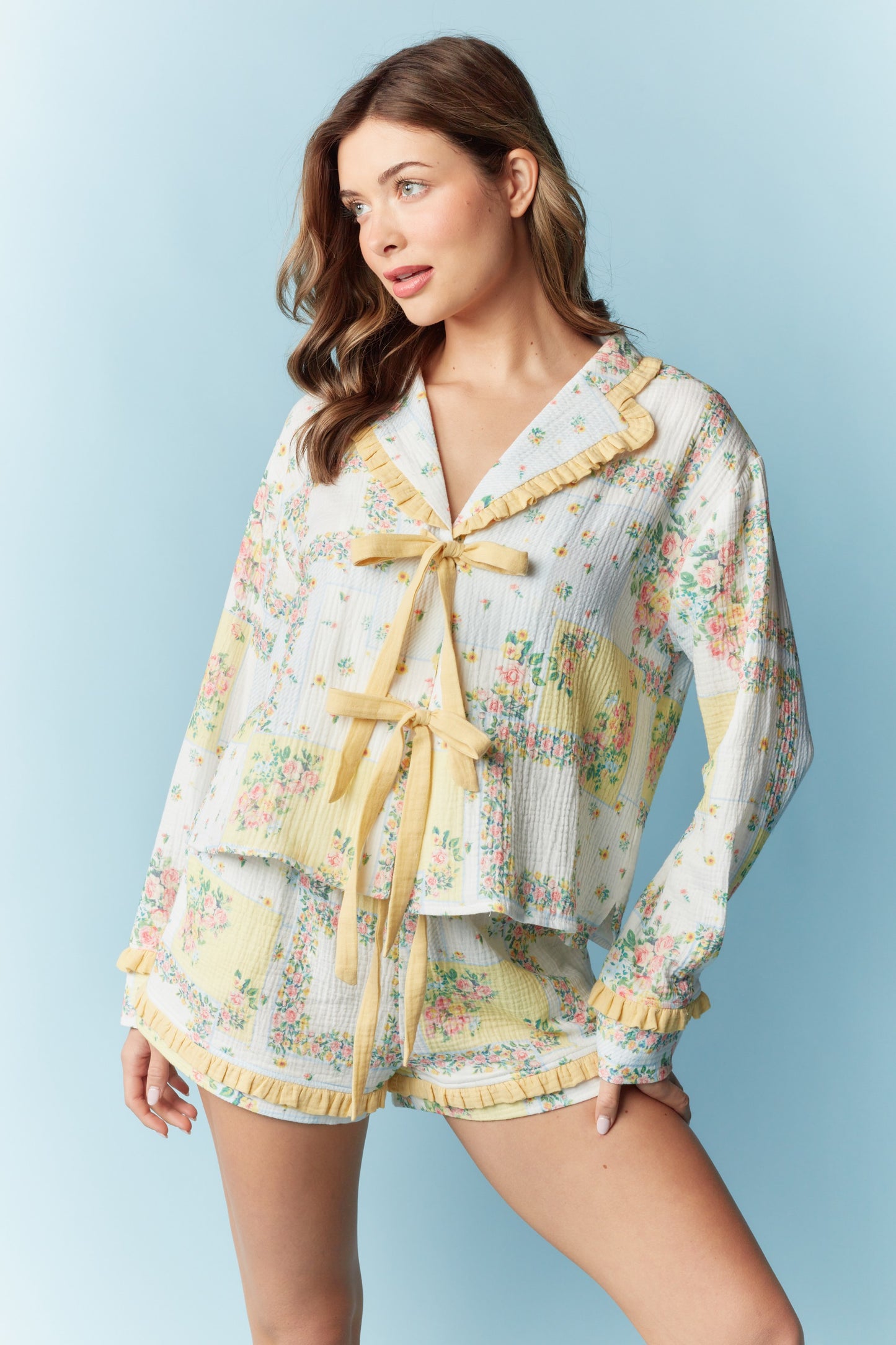 Floral Patchwork Pattern Ruffle Pajama Set