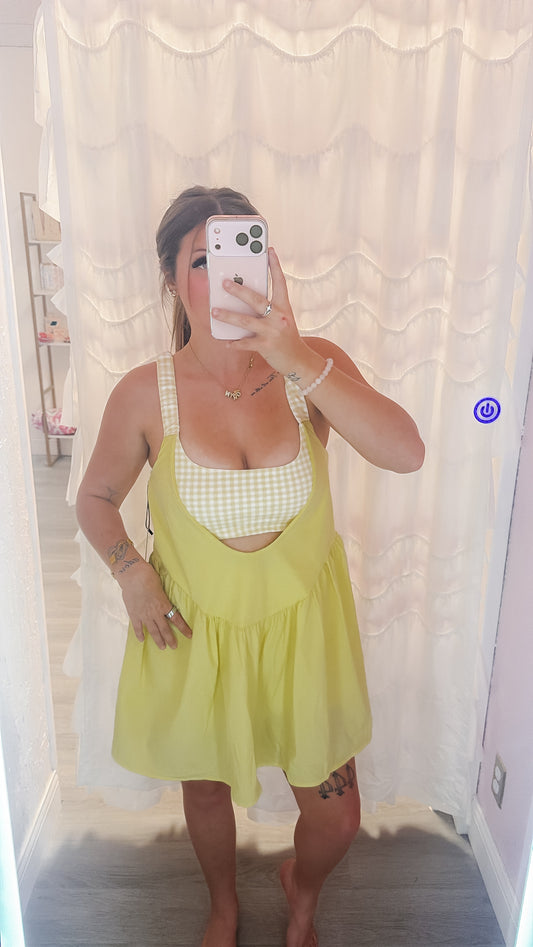 Gingham Print Double Layered Play Dress - Yellow