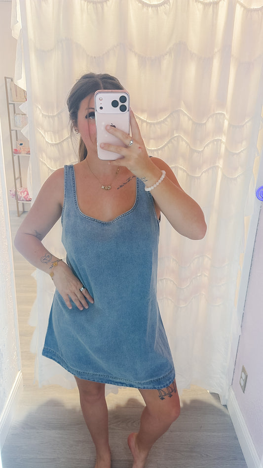 Denim Colorblock Shift Mini Dress