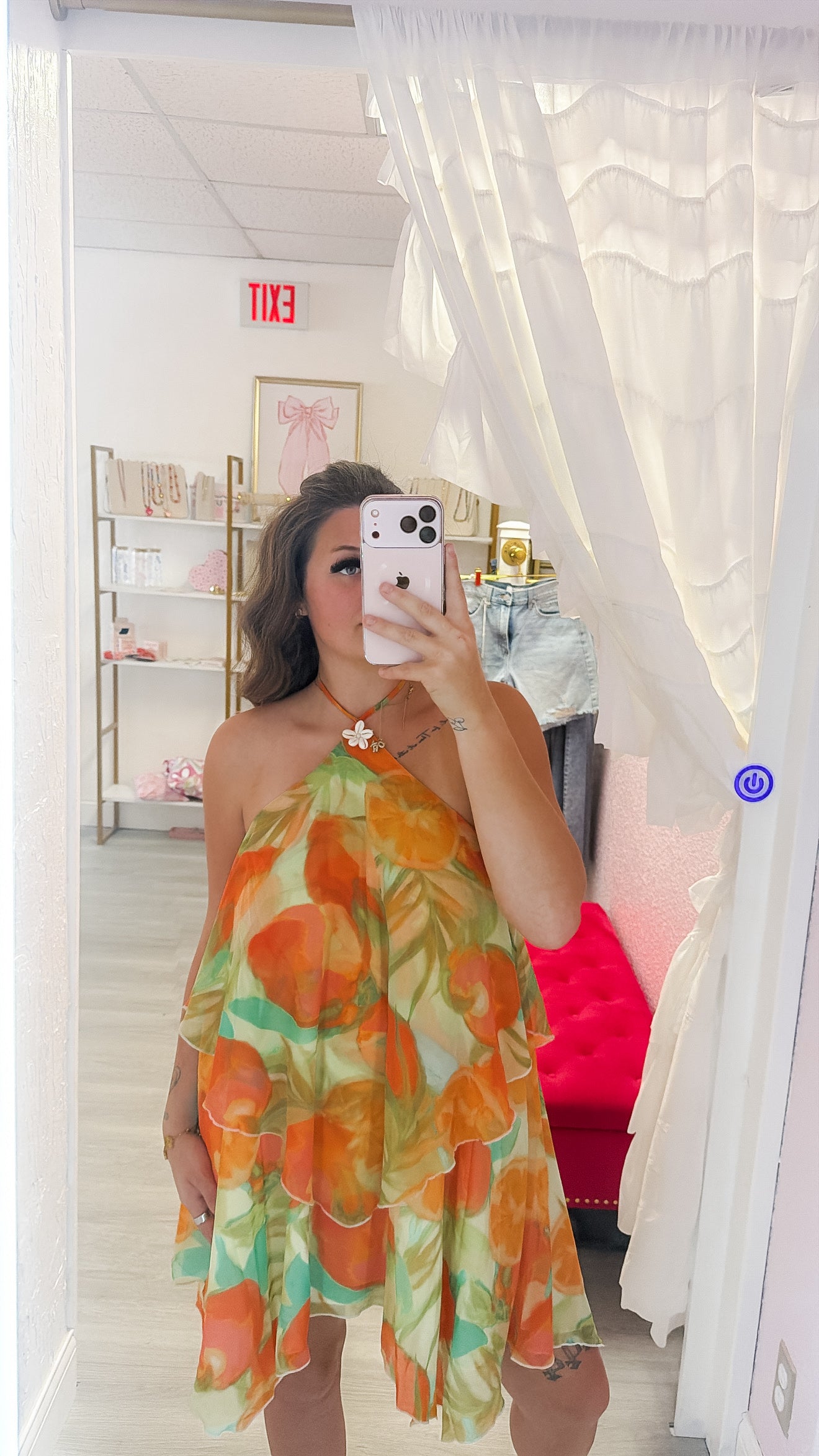 Cabana Orange Halter Tie Flower Brooch Mini Dress