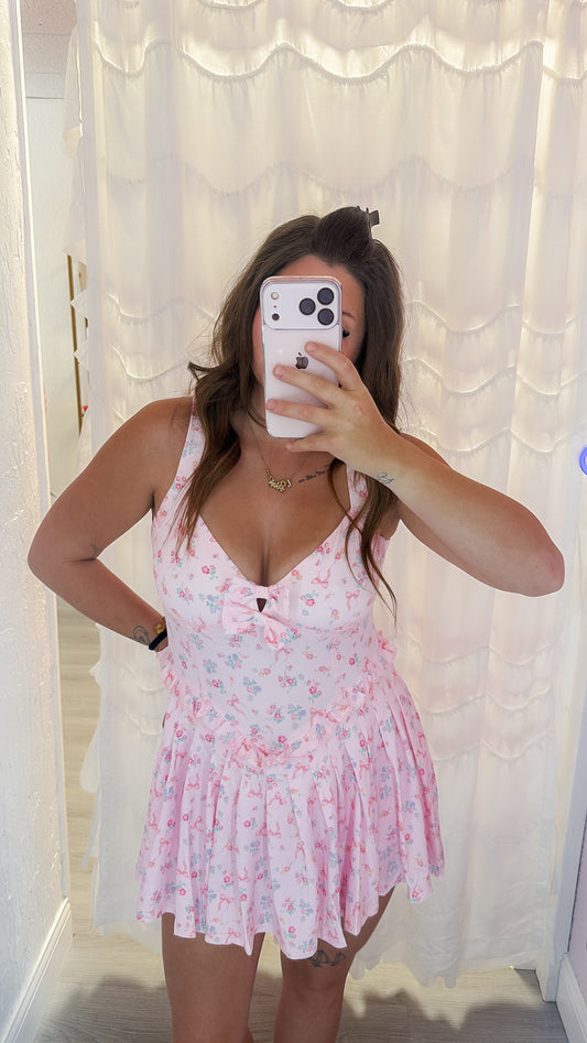 Pastel Pink Floral Bow Romper Dress