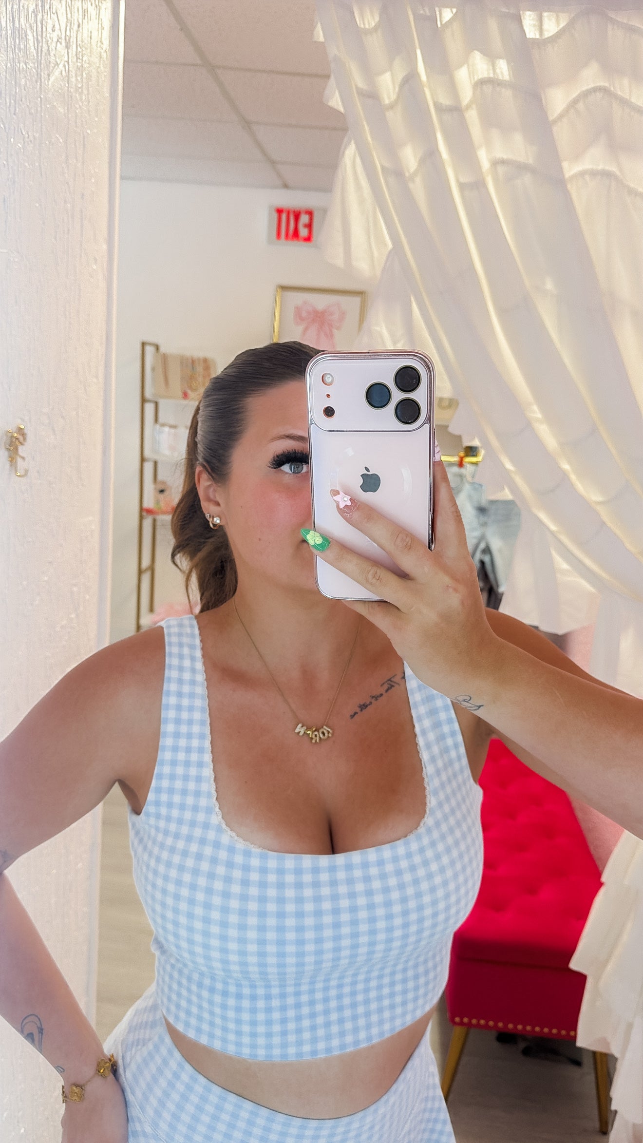 Gingham Print Crop Tank with Lace Trim