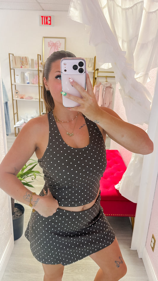 Strappy Back Tank Top & Wrap Skort Dot Print Activewear Set - Brown