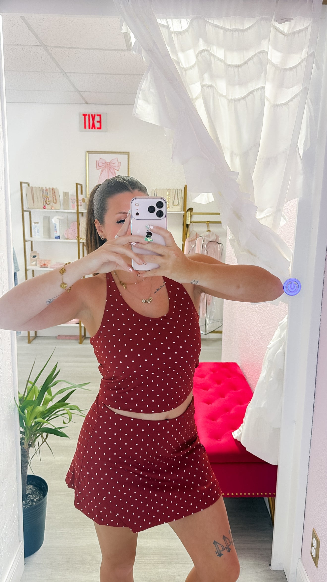 Strappy Back Tank Top & Wrap Skort Dot Print Activewear Set - Red
