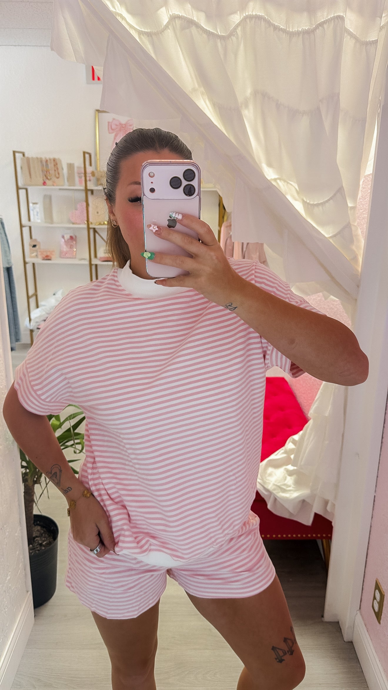Stripe Cuffed Contrast Tee Casual 2pcs Shorts