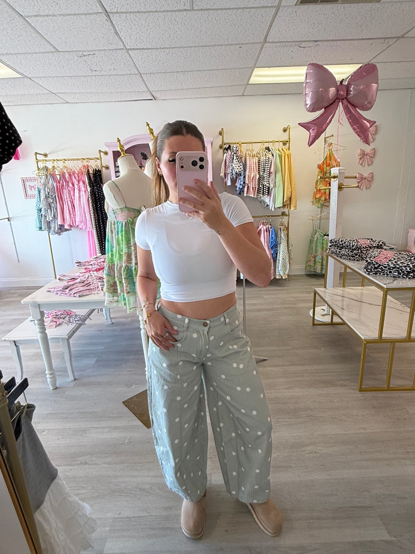 Sage Polka Dot Printed Wide Denim Pants